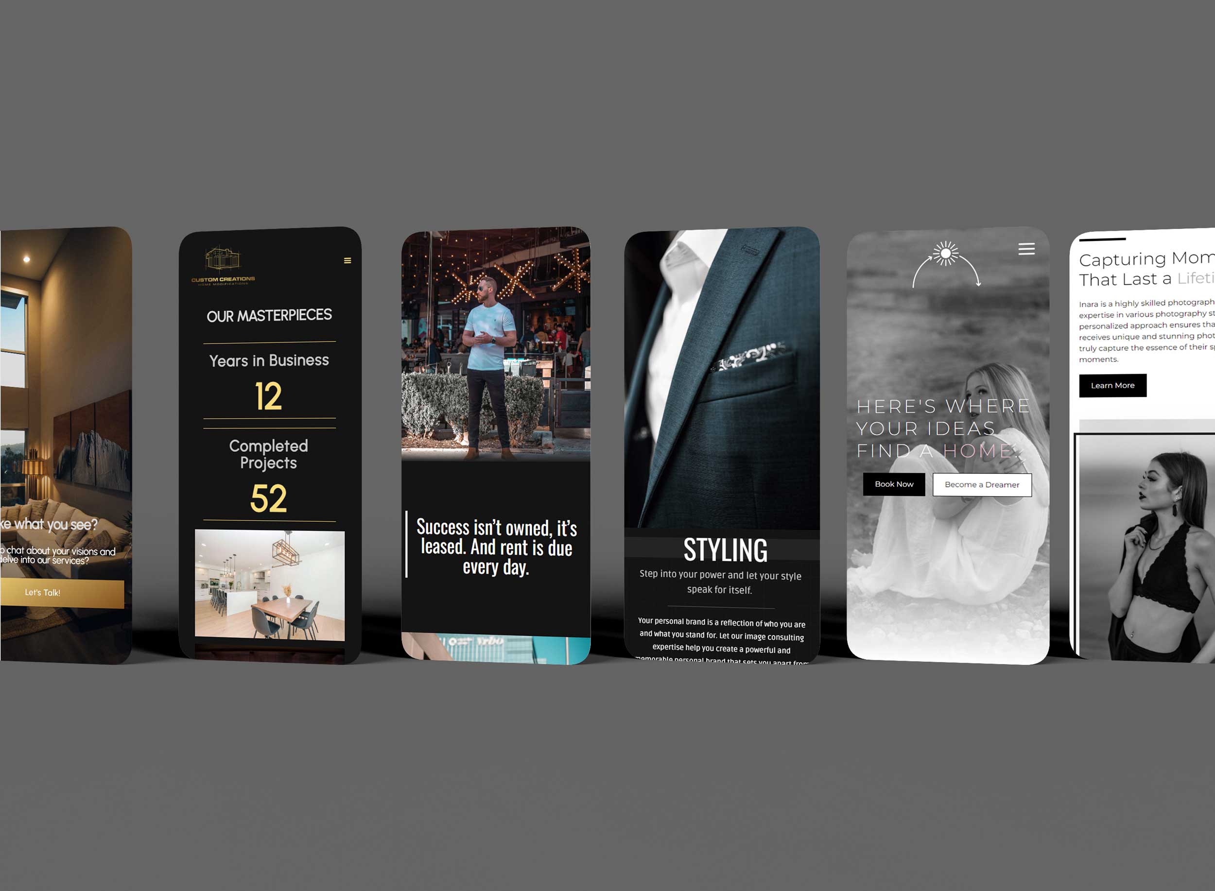 A photo showcasing six different responsive web designs on iPhone screens.