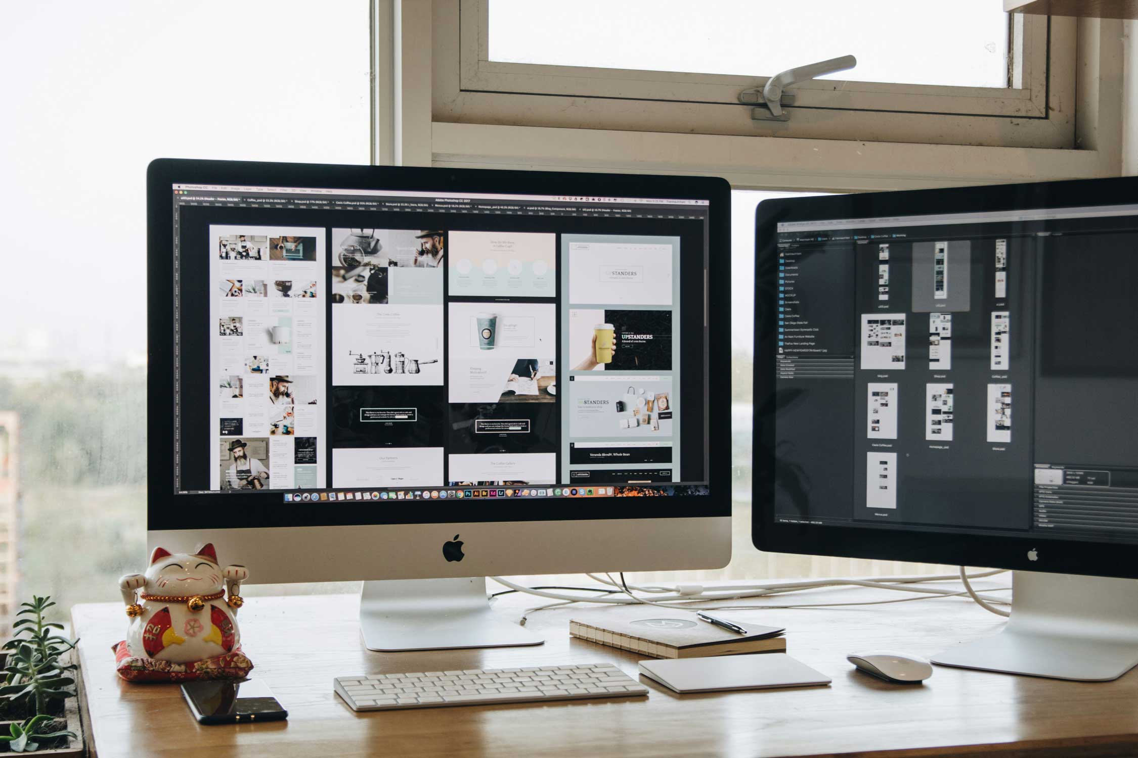 A showcase of several web pages on an iMac screen.